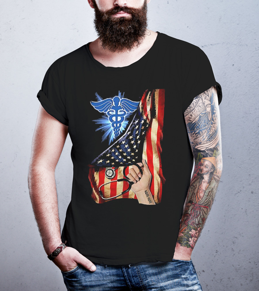 Nurse America Flag Caduceus Tattoo Stethoscope T-Shirt