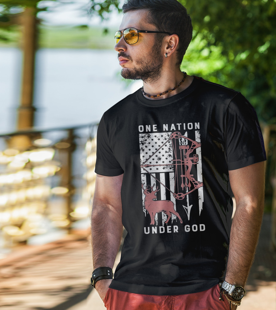 One Nation Under God American Flag Bow Hunter Veteran T-Shirt