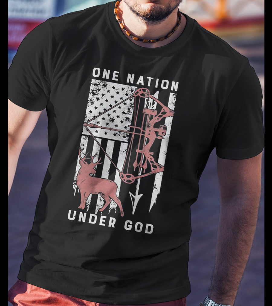 One Nation Under God American Flag Bow Hunter Veteran T-Shirt