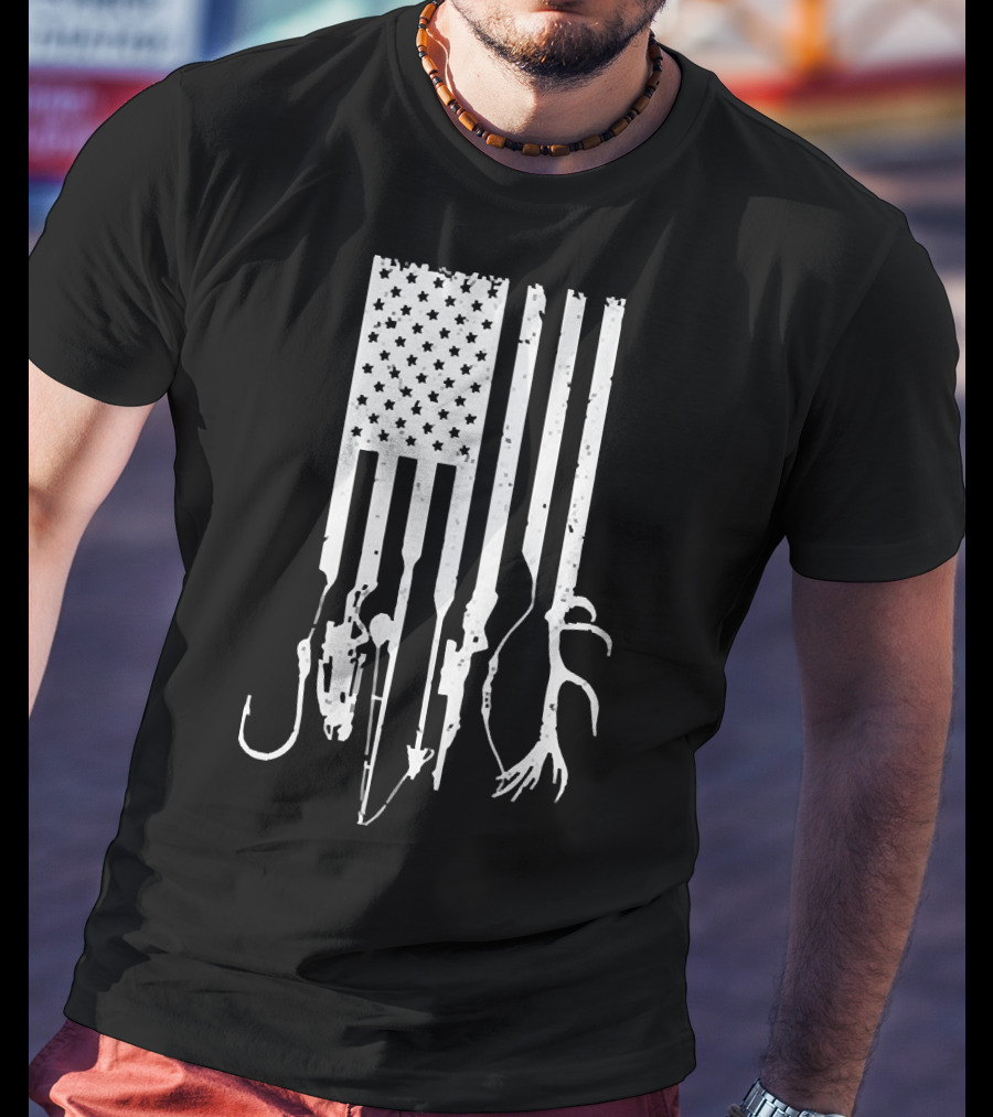 American Flag With Fishing Hooks And Hunting Gear T-Shirt