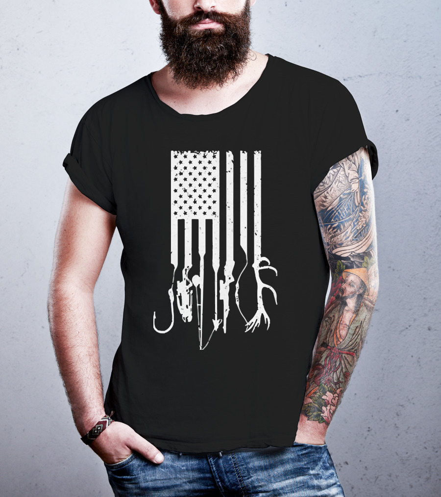 American Flag With Fishing Hooks And Hunting Gear T-Shirt