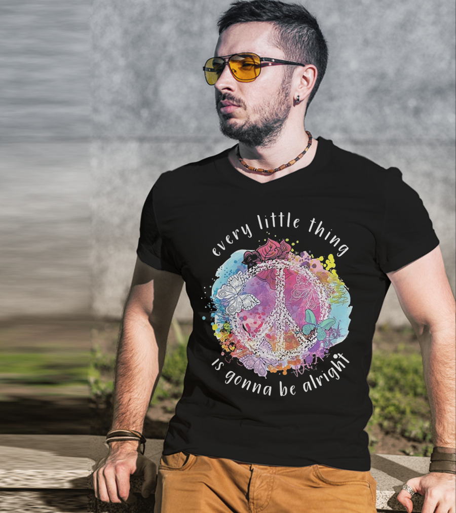 Every Little Thing Is Gonna Be Alright Peace Symbol With Colorful Butterflies And Floral Accents T-Shirt