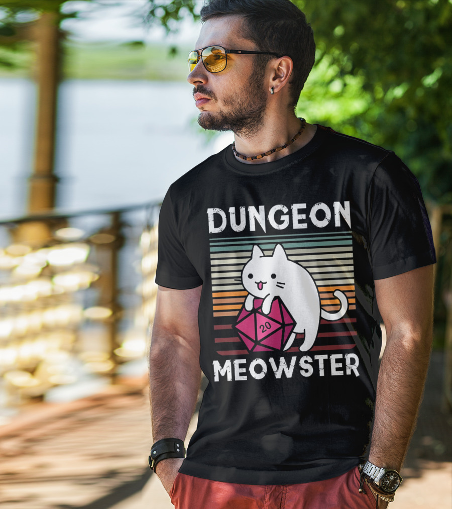 Dungeon Meowster Retro Vintage Cat Lover 20 Sided Dice T-Shirt