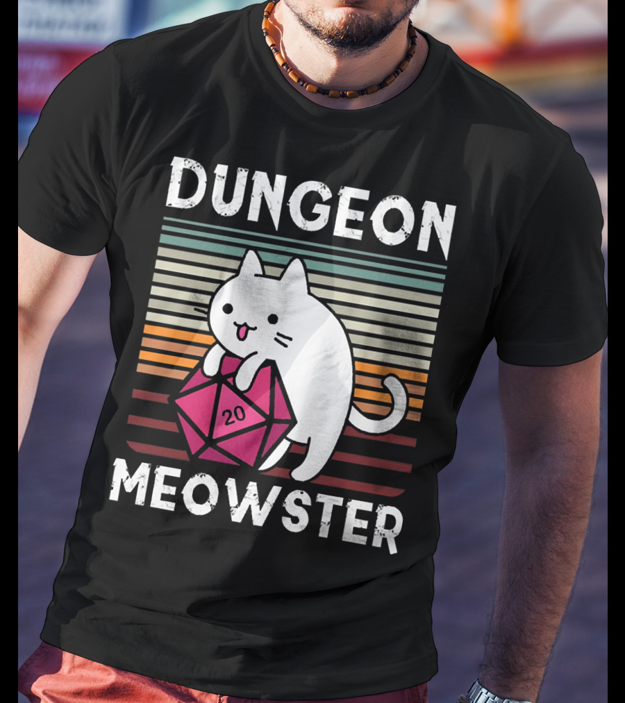 Dungeon Meowster Retro Vintage Cat Lover 20 Sided Dice T-Shirt
