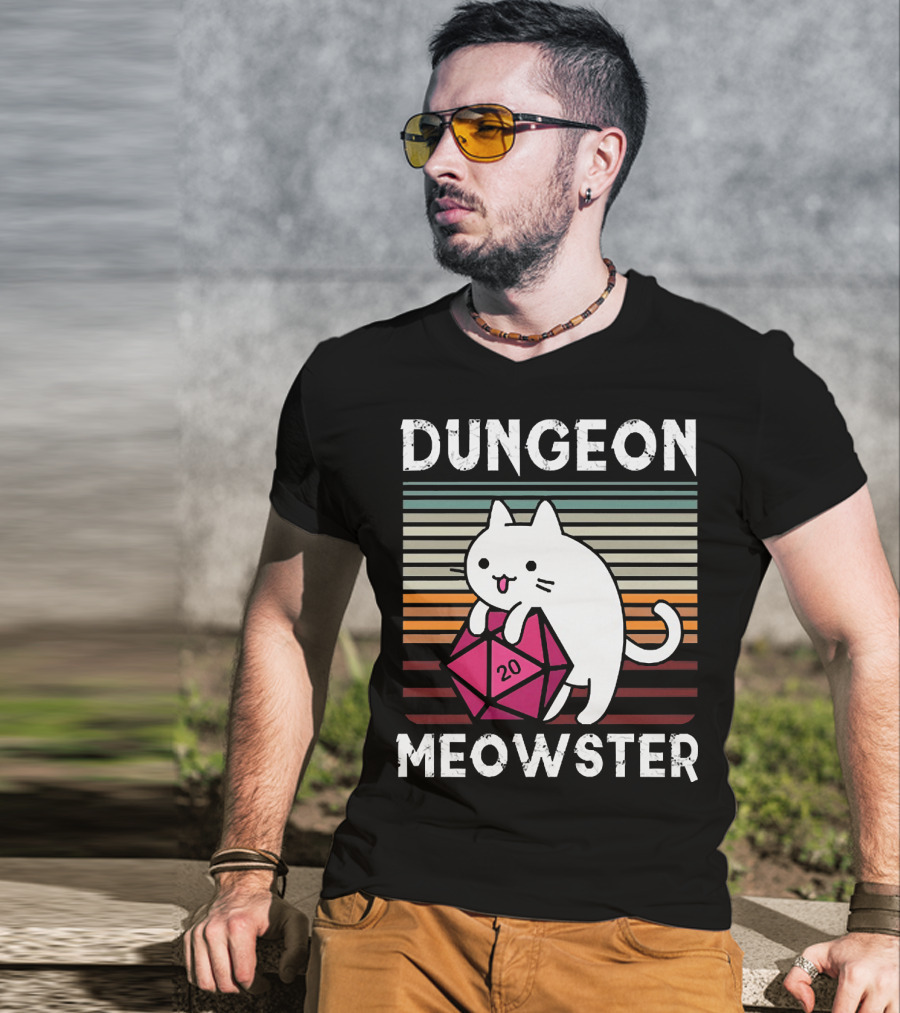 Dungeon Meowster Retro Vintage Cat Lover 20 Sided Dice T-Shirt