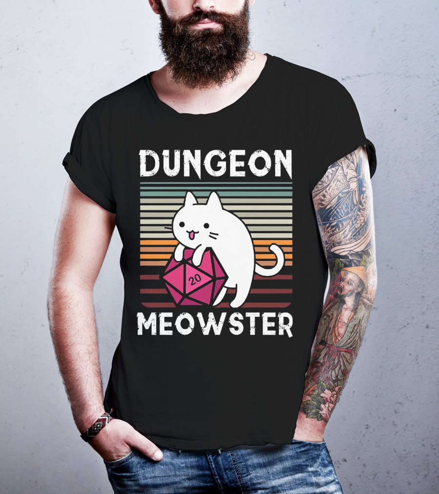 Dungeon Meowster Retro Vintage Cat Lover 20 Sided Dice T-Shirt