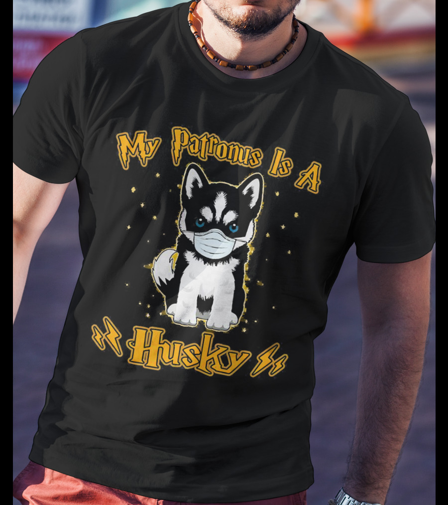My Patronus Is A Husky Puppy Wearing Face Mask With Stars And Lightning T-Shirt