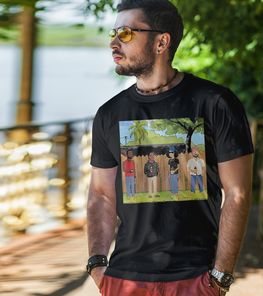King Of The Hill Treatment With Four Men By Fence With Beverages And Trees T-Shirt