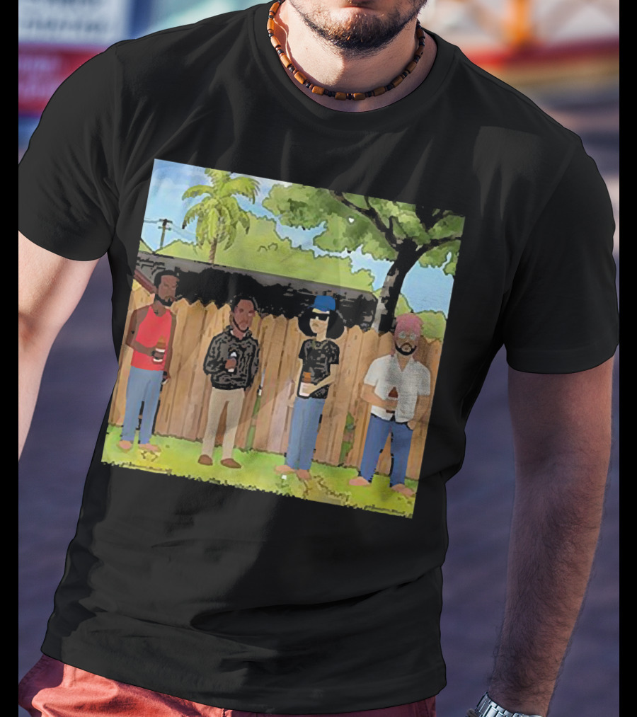 King Of The Hill Treatment With Four Men By Fence With Beverages And Trees T-Shirt