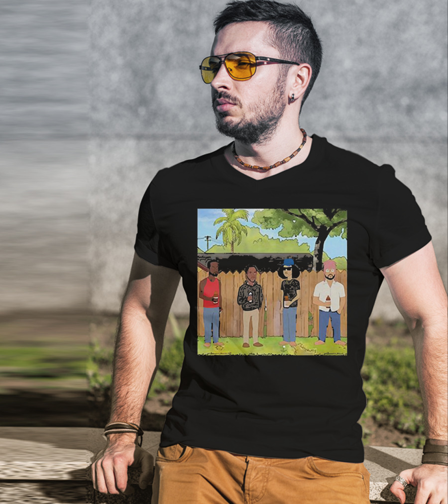 King Of The Hill Treatment With Four Men By Fence With Beverages And Trees T-Shirt