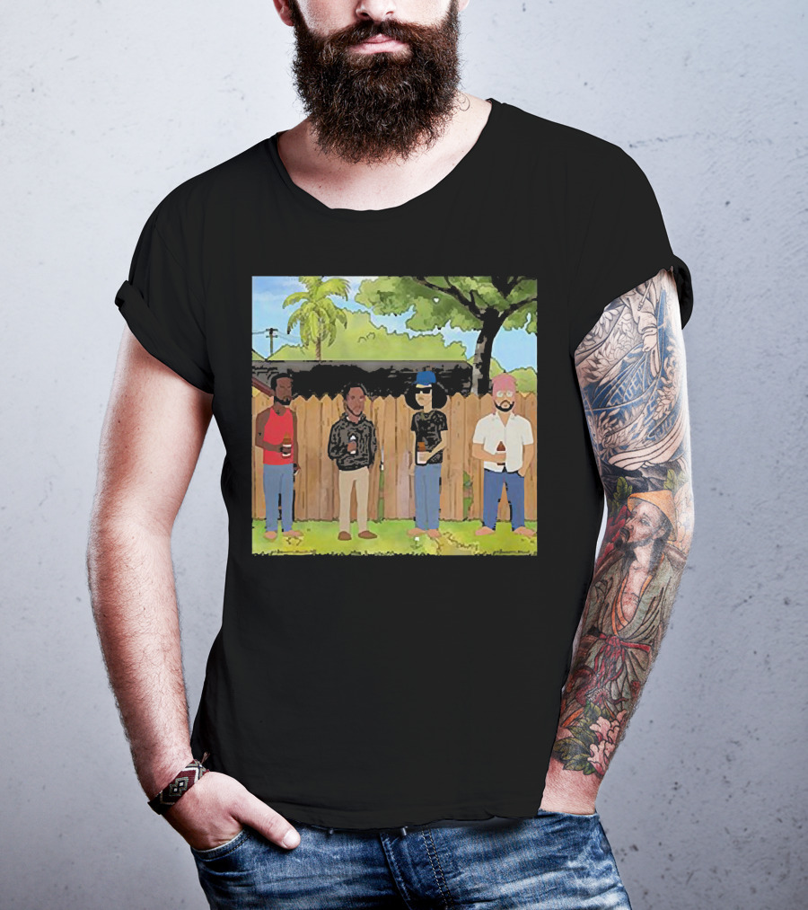 King Of The Hill Treatment With Four Men By Fence With Beverages And Trees T-Shirt