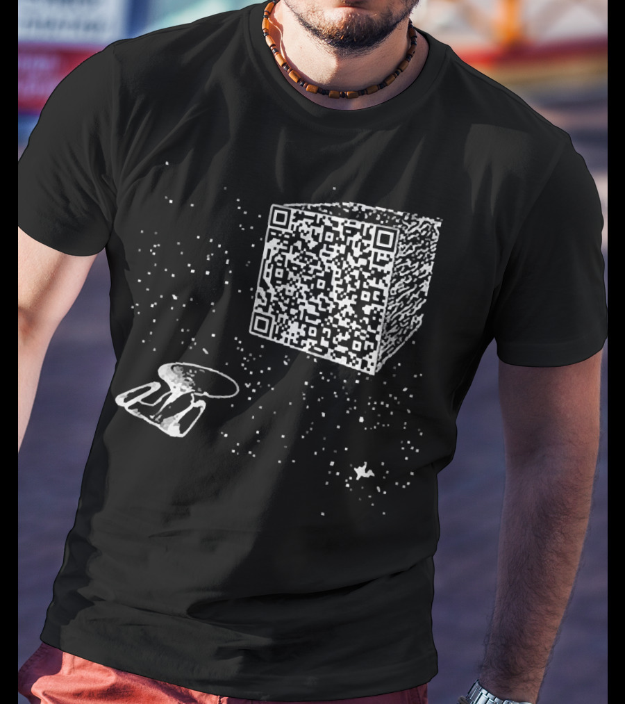Scan QR Code Spaceship And Cube In Space T-Shirt