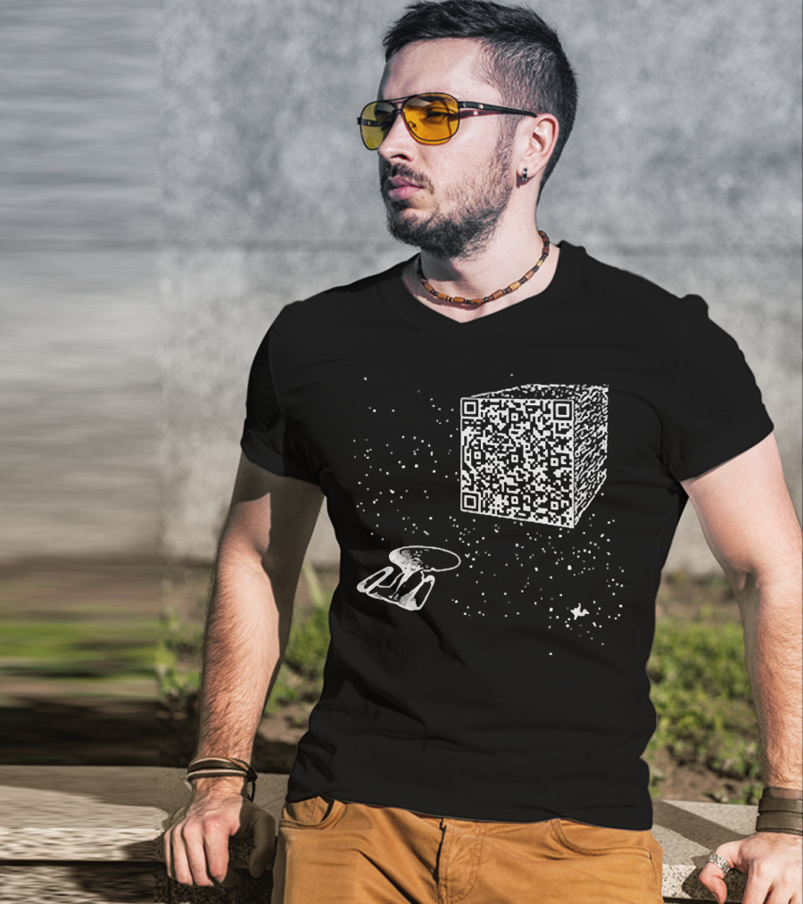 Scan QR Code Spaceship And Cube In Space T-Shirt