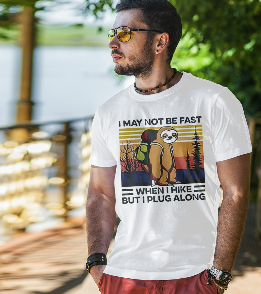 I May Not Be Fast When I Hike But I Plug Along Sloth Retro Forest Scene T-Shirt