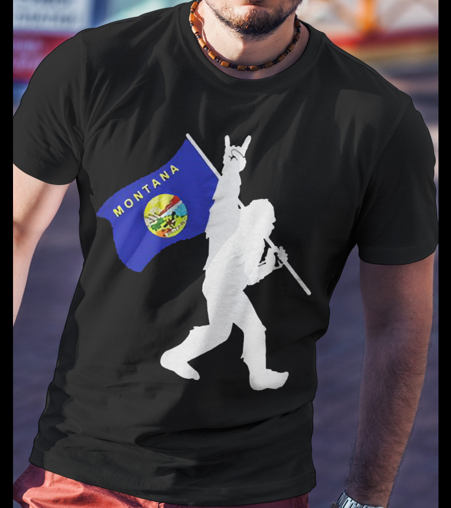 Bigfoot Holding Montana State Flag Middle Finger Gesture T-Shirt