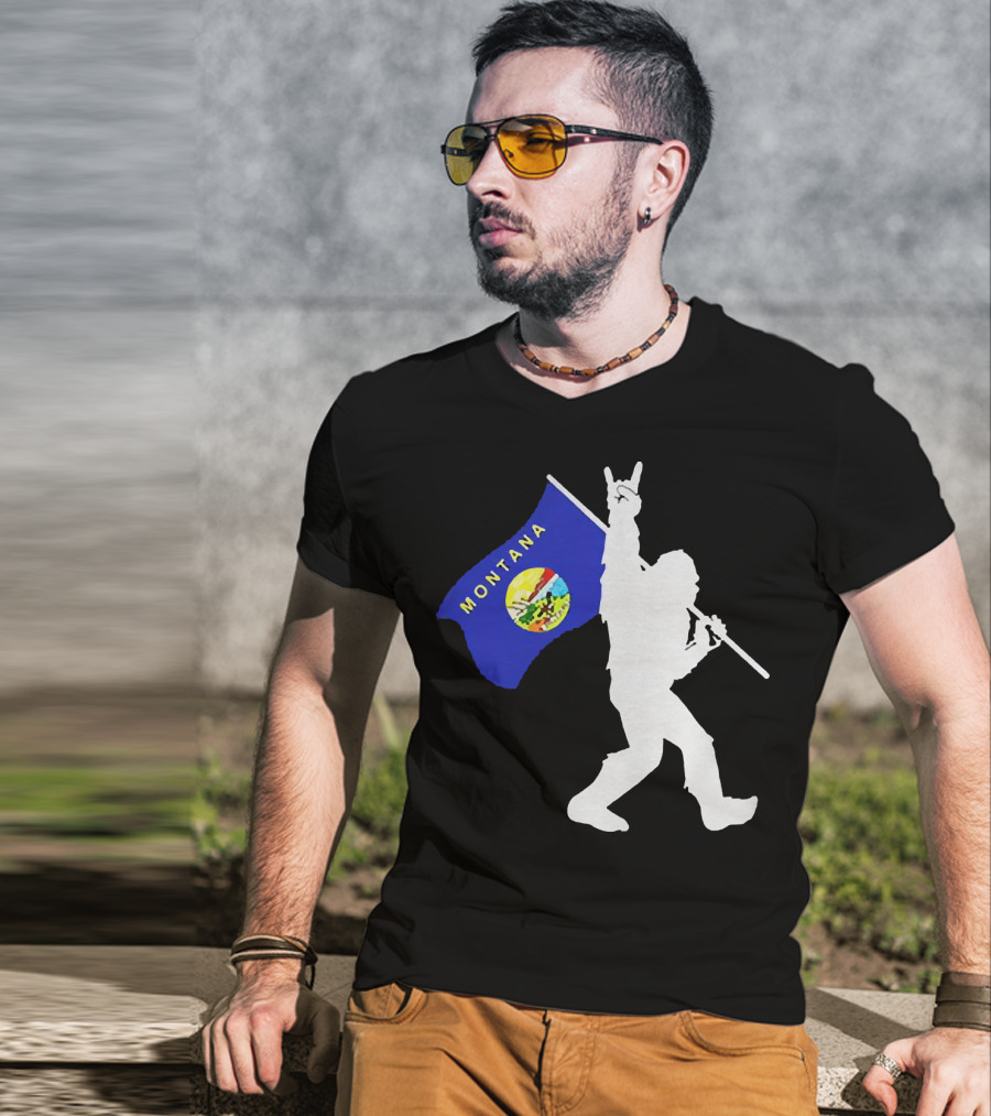 Bigfoot Holding Montana State Flag Middle Finger Gesture T-Shirt