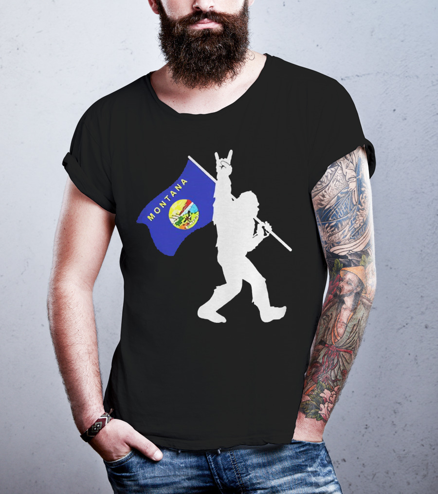 Bigfoot Holding Montana State Flag Middle Finger Gesture T-Shirt
