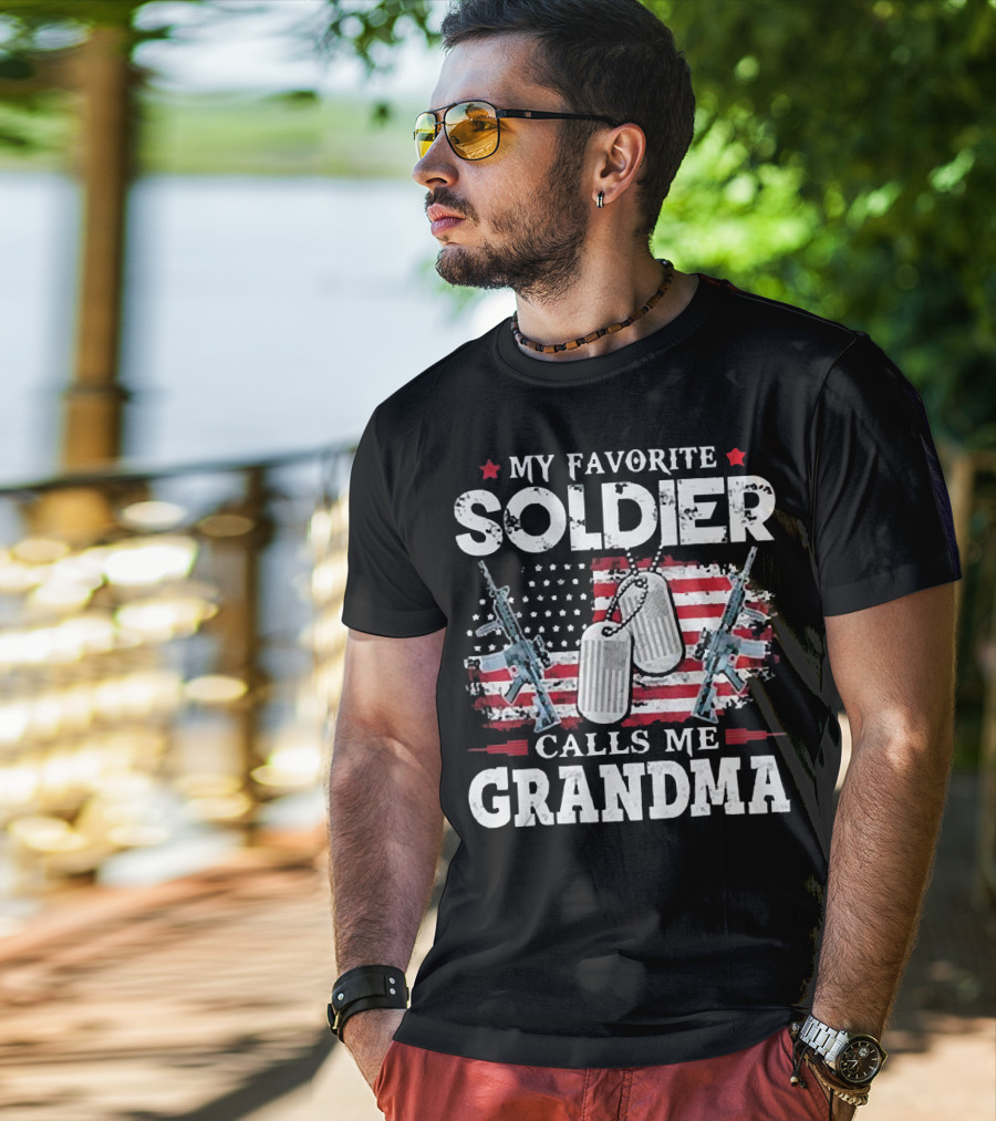 My Favorite Soldier Calls Me Grandma USA Flag Dog Tags Rifle T-Shirt