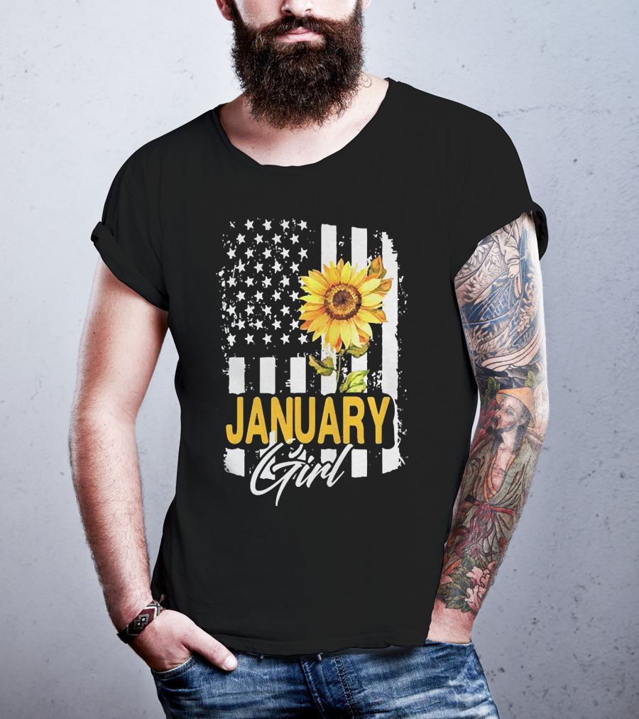 Sunflowers January Girl American Flag T-Shirt