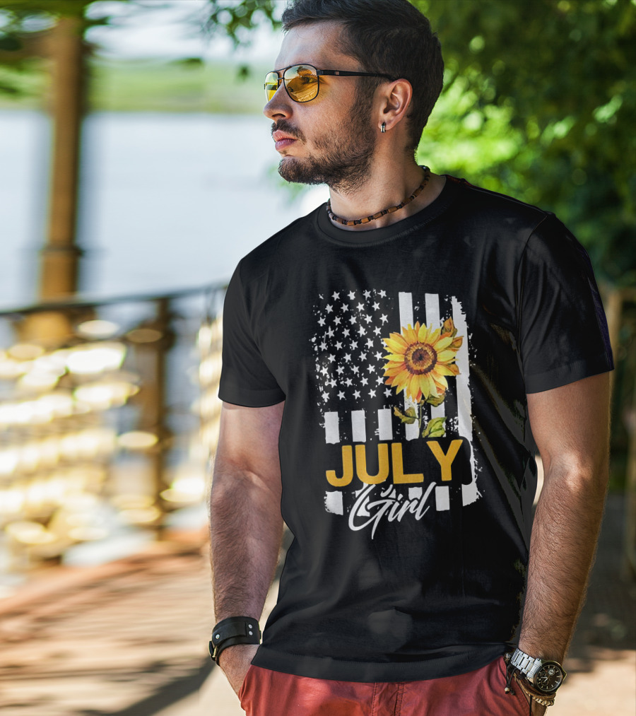 July Girl Sunflower American Flag T-Shirt