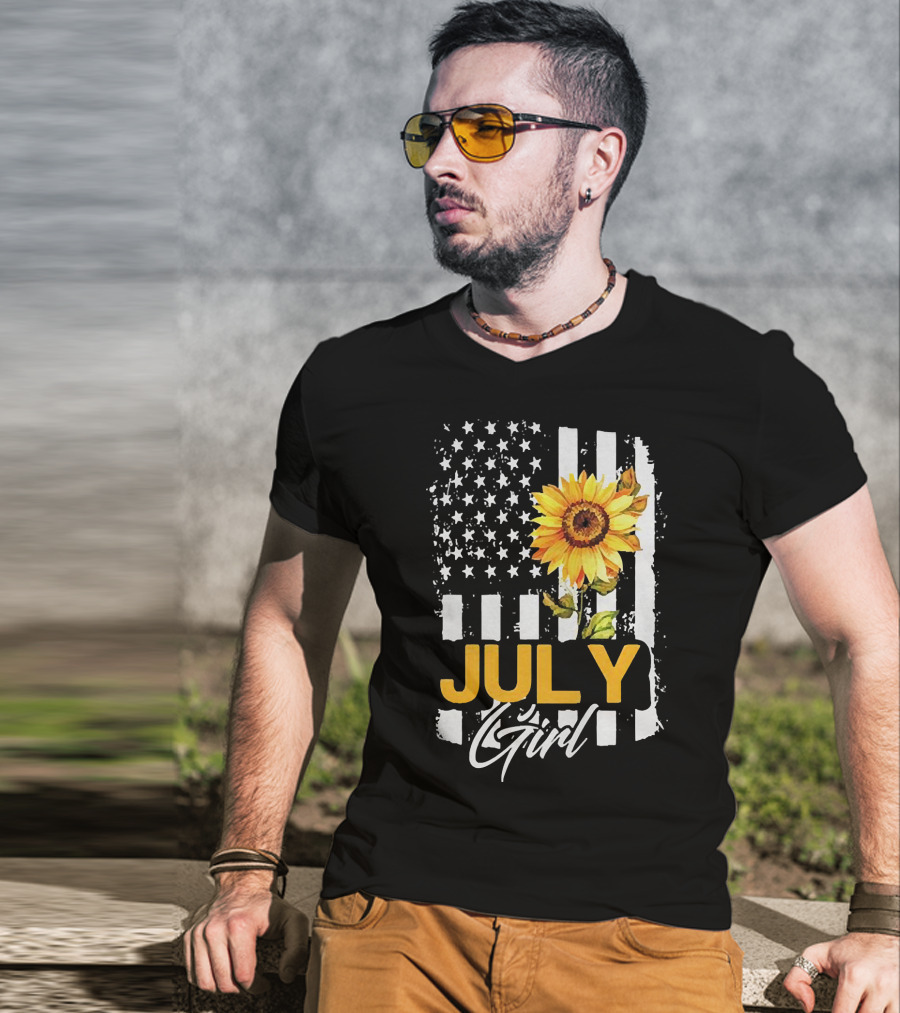 July Girl Sunflower American Flag T-Shirt