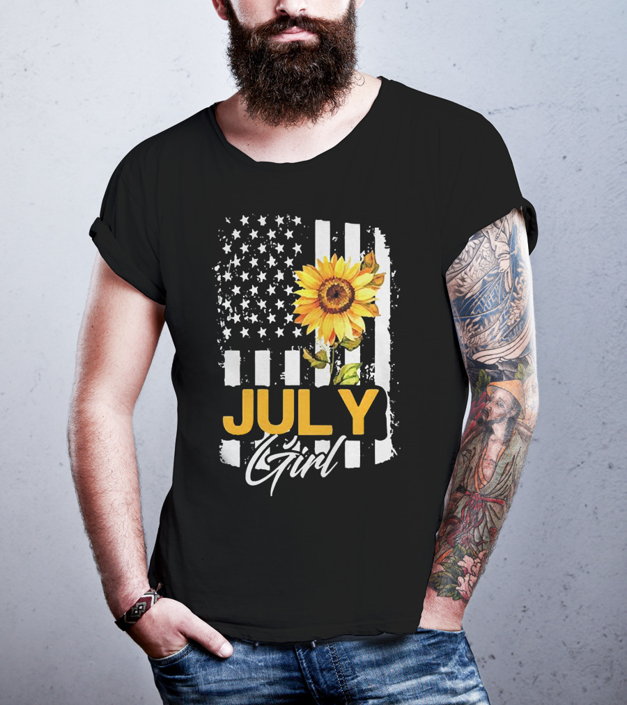 July Girl Sunflower American Flag T-Shirt