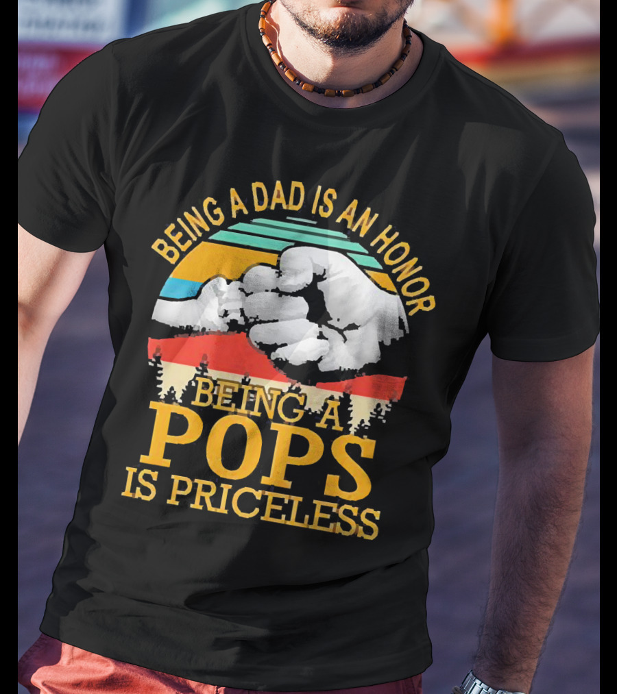 Being A Dad Is An Honor Being A Pops Is Priceless Forest Fist Bump Retro Stripes T-Shirt