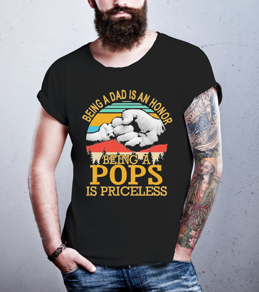 Being A Dad Is An Honor Being A Pops Is Priceless Forest Fist Bump Retro Stripes T-Shirt