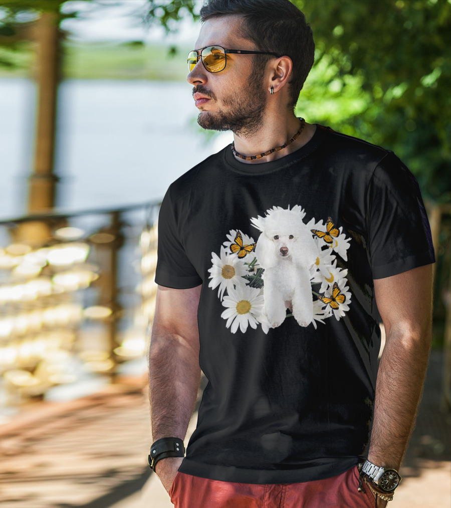 French Poodle Daisy With Butterflies And Flowers T-Shirt