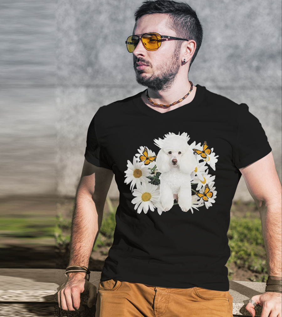 French Poodle Daisy With Butterflies And Flowers T-Shirt