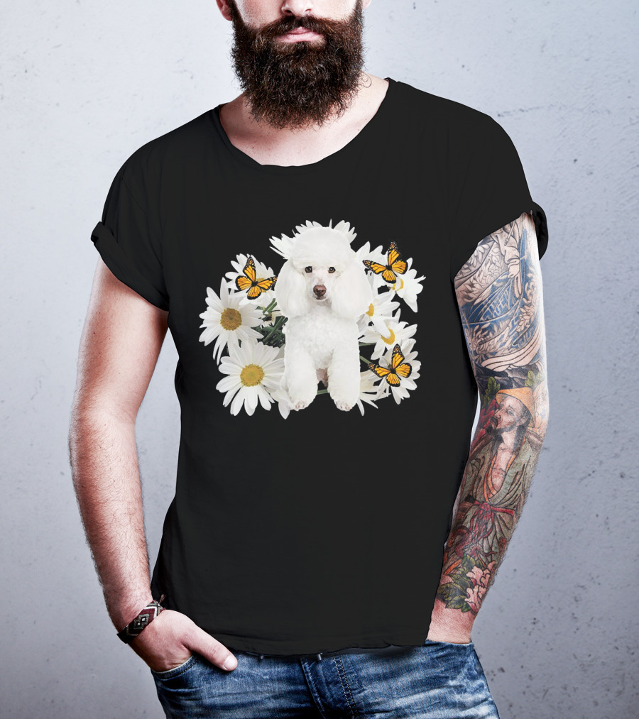 French Poodle Daisy With Butterflies And Flowers T-Shirt