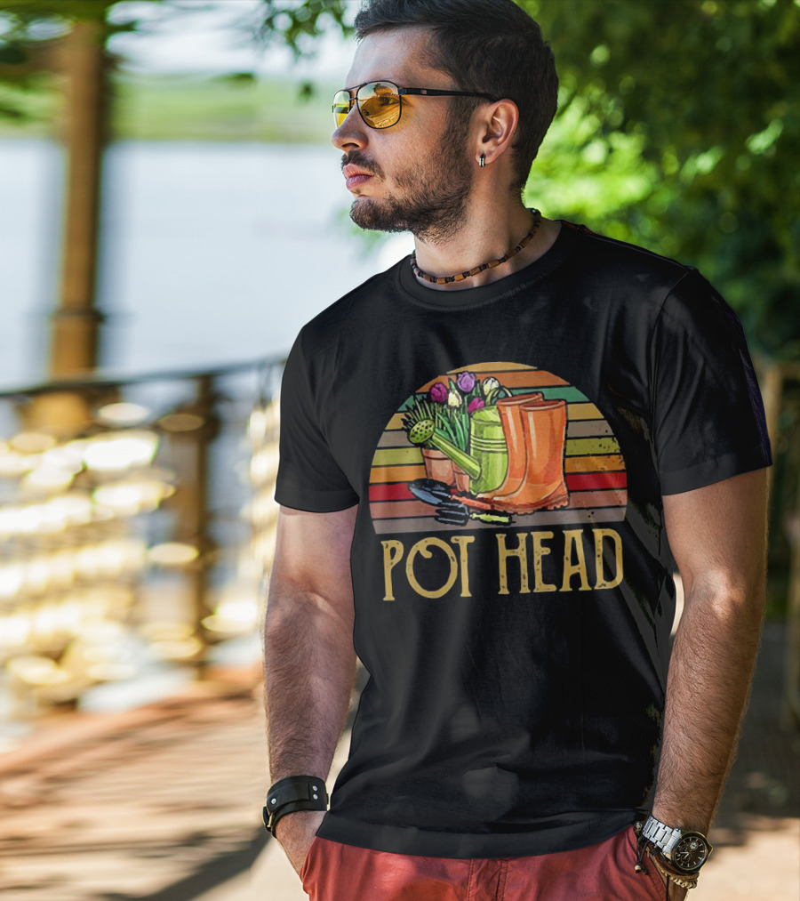 Pot Head Gardening Boots Watering Can Flowers Sunset Stripes T-Shirt