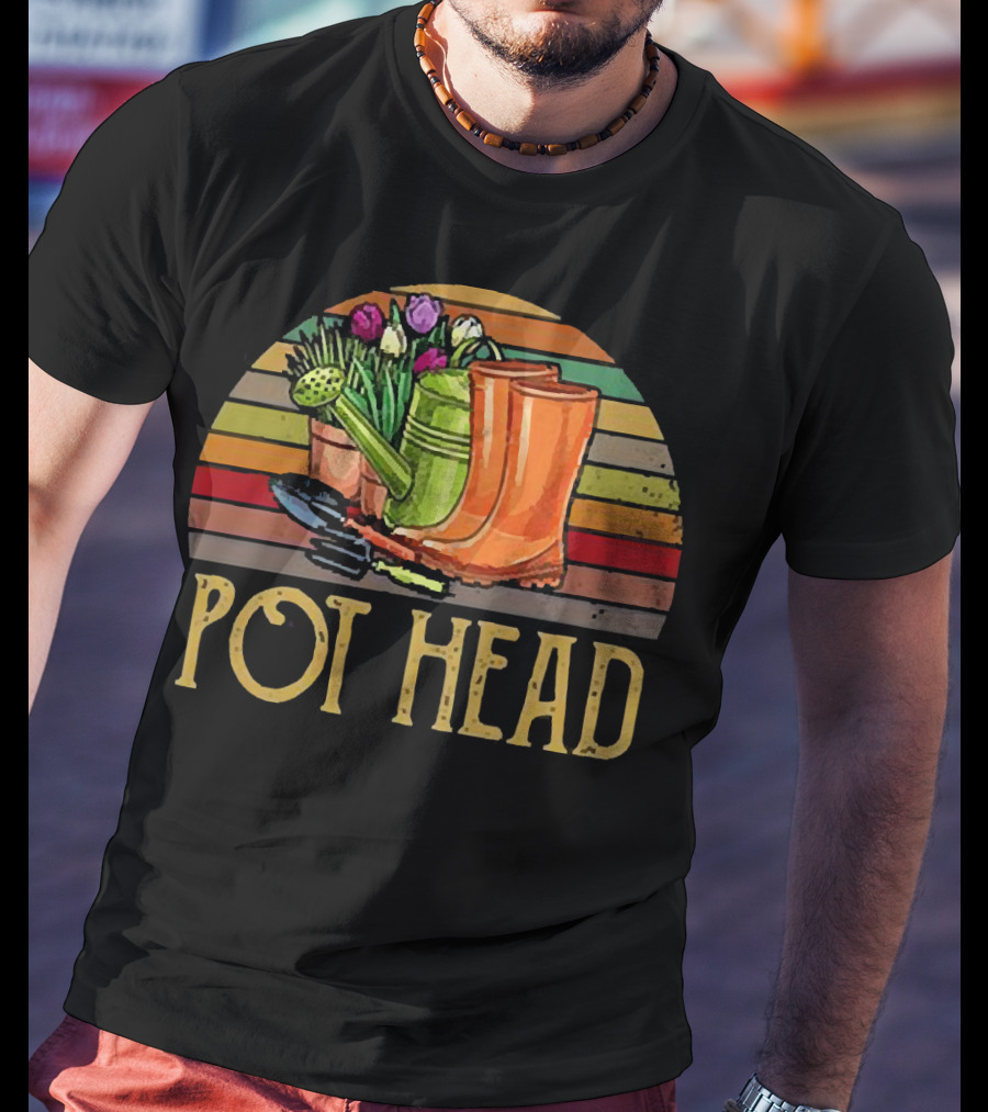 Pot Head Gardening Boots Watering Can Flowers Sunset Stripes T-Shirt