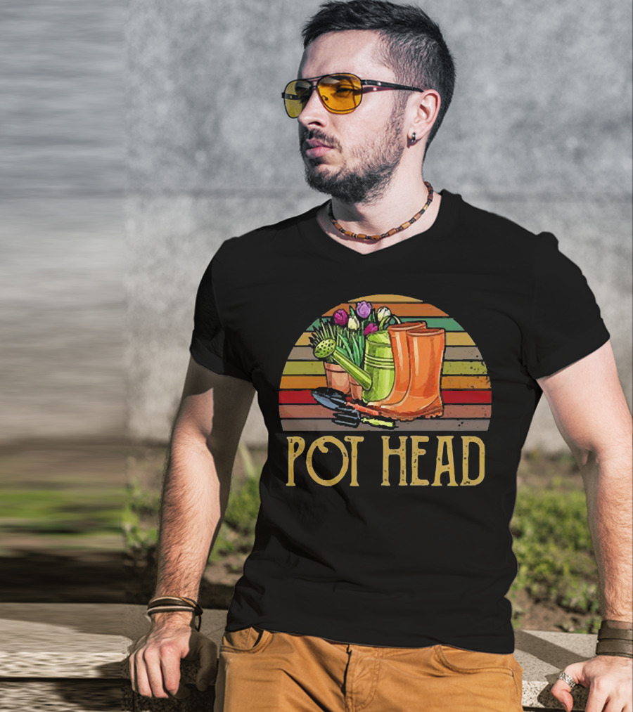 Pot Head Gardening Boots Watering Can Flowers Sunset Stripes T-Shirt