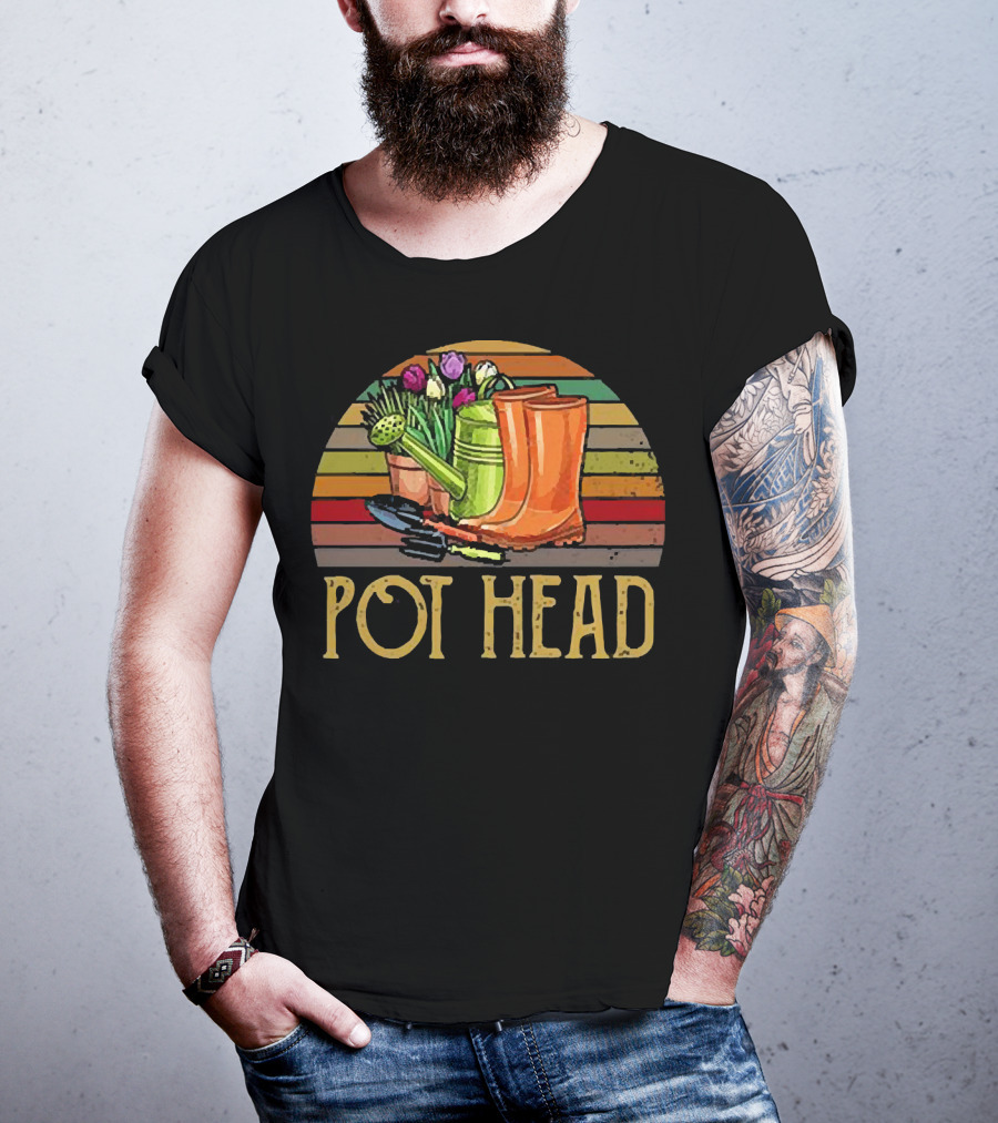 Pot Head Gardening Boots Watering Can Flowers Sunset Stripes T-Shirt