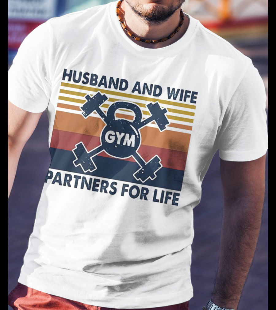 Husband And Wife Gym Partners For Life Kettlebell And Dumbbells Vintage Stripes T-Shirt