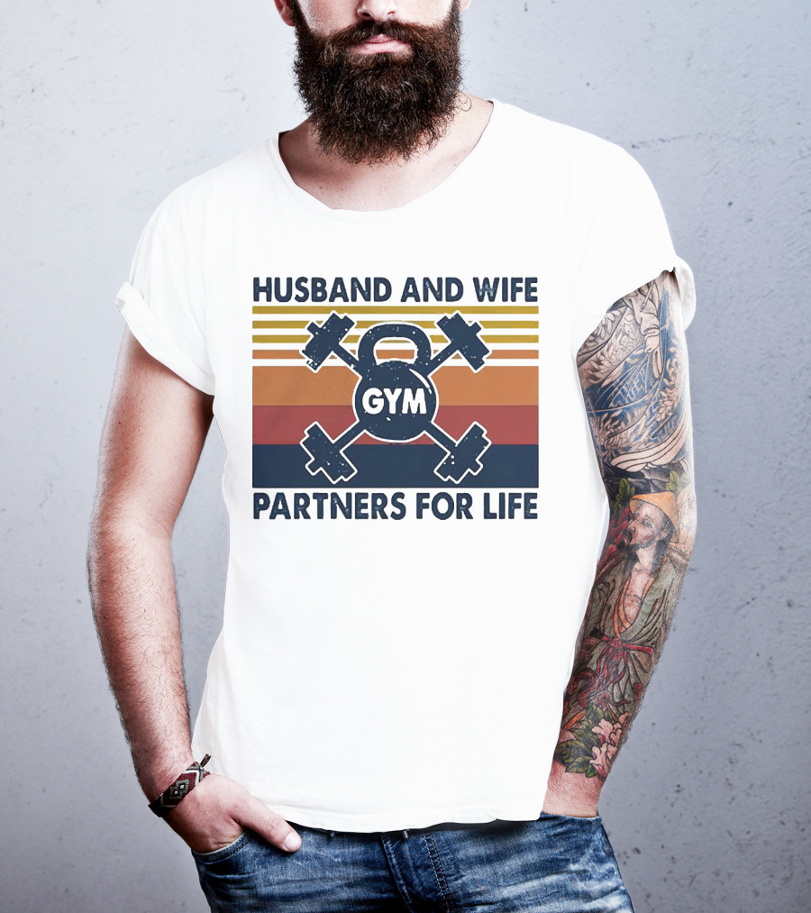 Husband And Wife Gym Partners For Life Kettlebell And Dumbbells Vintage Stripes T-Shirt