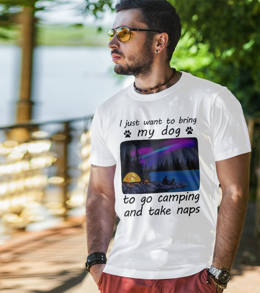 I Just Want To Bring My Dog To Go Camping And Take Naps With Aurora Borealis And Tent By Lake T-Shirt
