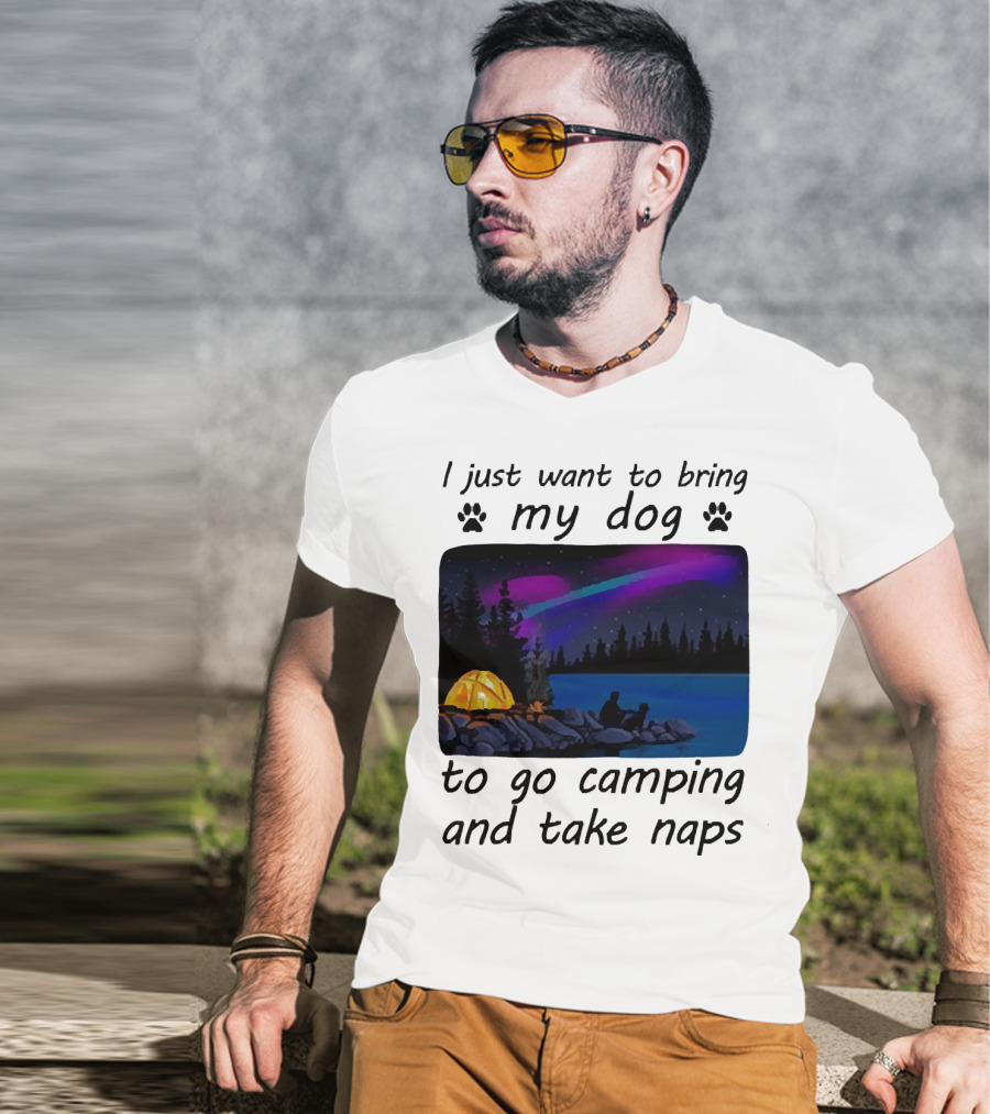I Just Want To Bring My Dog To Go Camping And Take Naps With Aurora Borealis And Tent By Lake T-Shirt