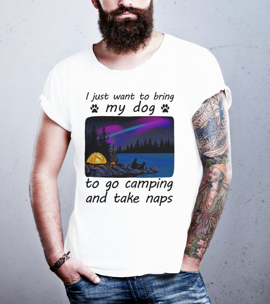 I Just Want To Bring My Dog To Go Camping And Take Naps With Aurora Borealis And Tent By Lake T-Shirt