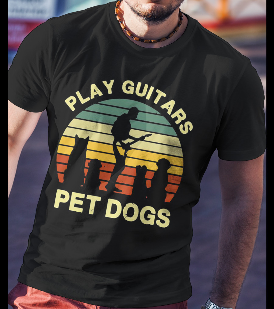 Play Guitars Pet Dogs Sunset Silhouette With Musician And Dogs T-Shirt