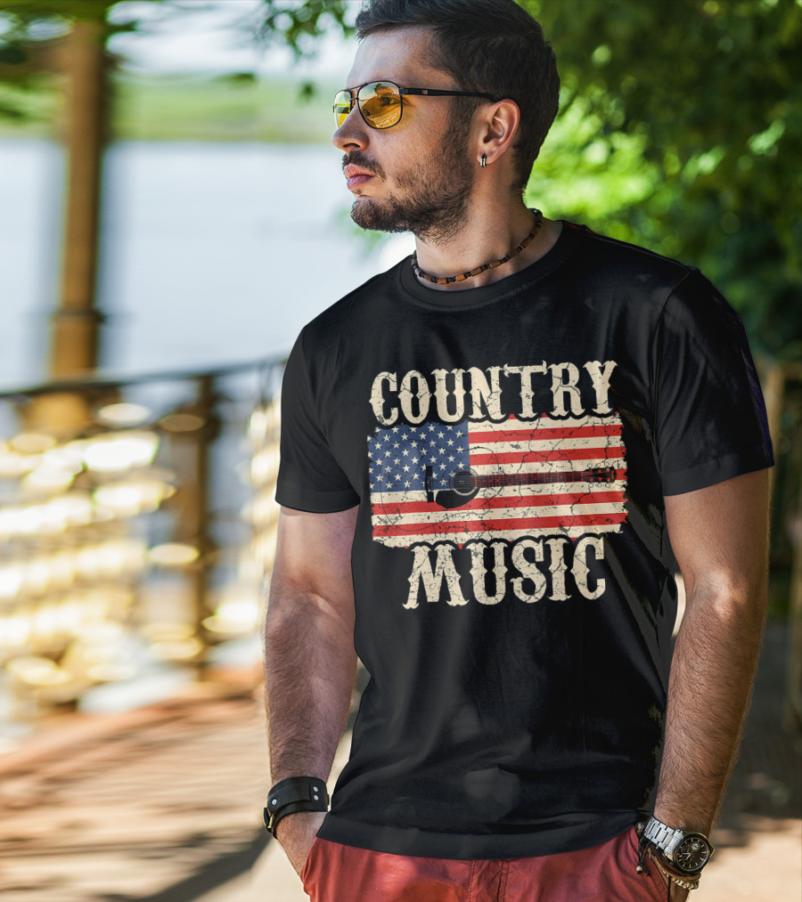 Country Music Vintage American Flag Guitar Retro 102 T-Shirt