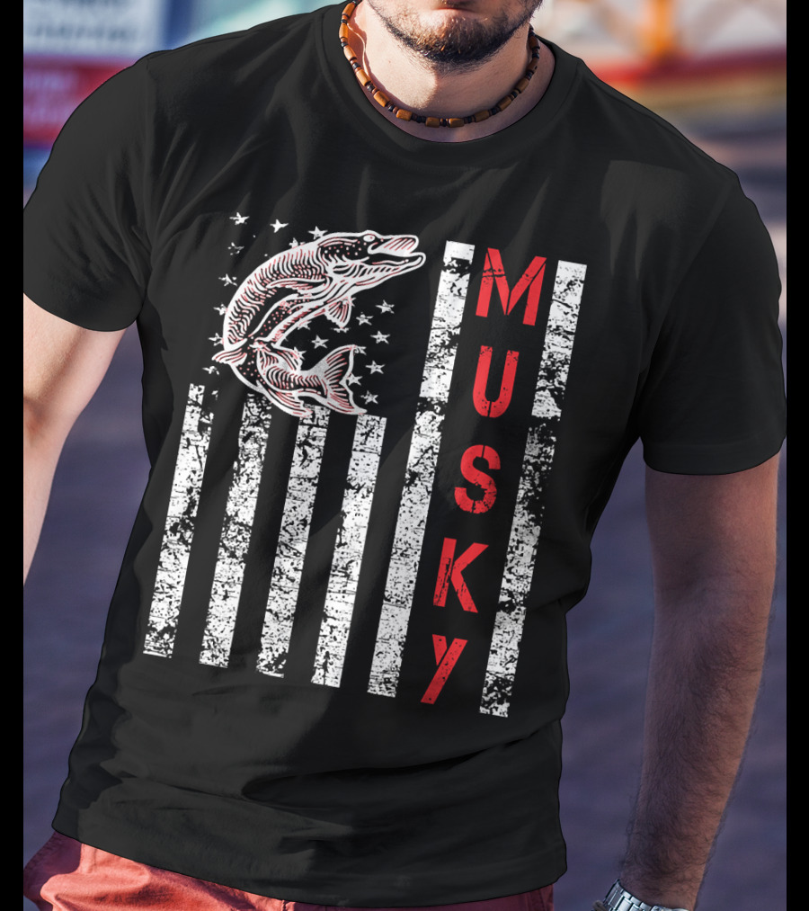 Musky Fishing Distressed Flag With Musky Catch And Stars T-Shirt