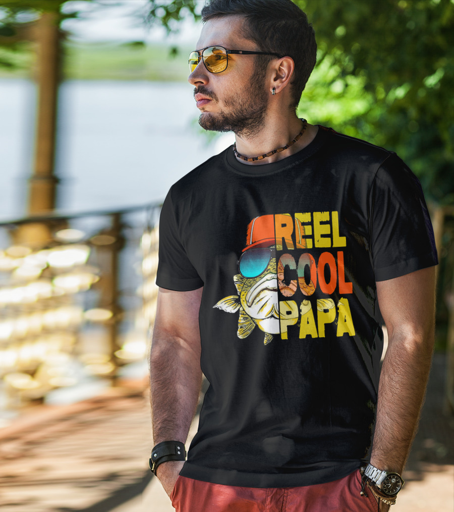 Fathers Day Fishing Reel Cool Papa Fish Wearing Hat Sunglasses T-Shirt