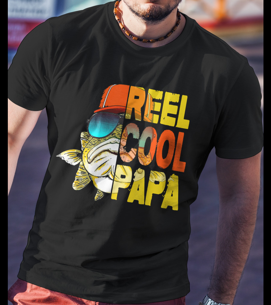 Fathers Day Fishing Reel Cool Papa Fish Wearing Hat Sunglasses T-Shirt