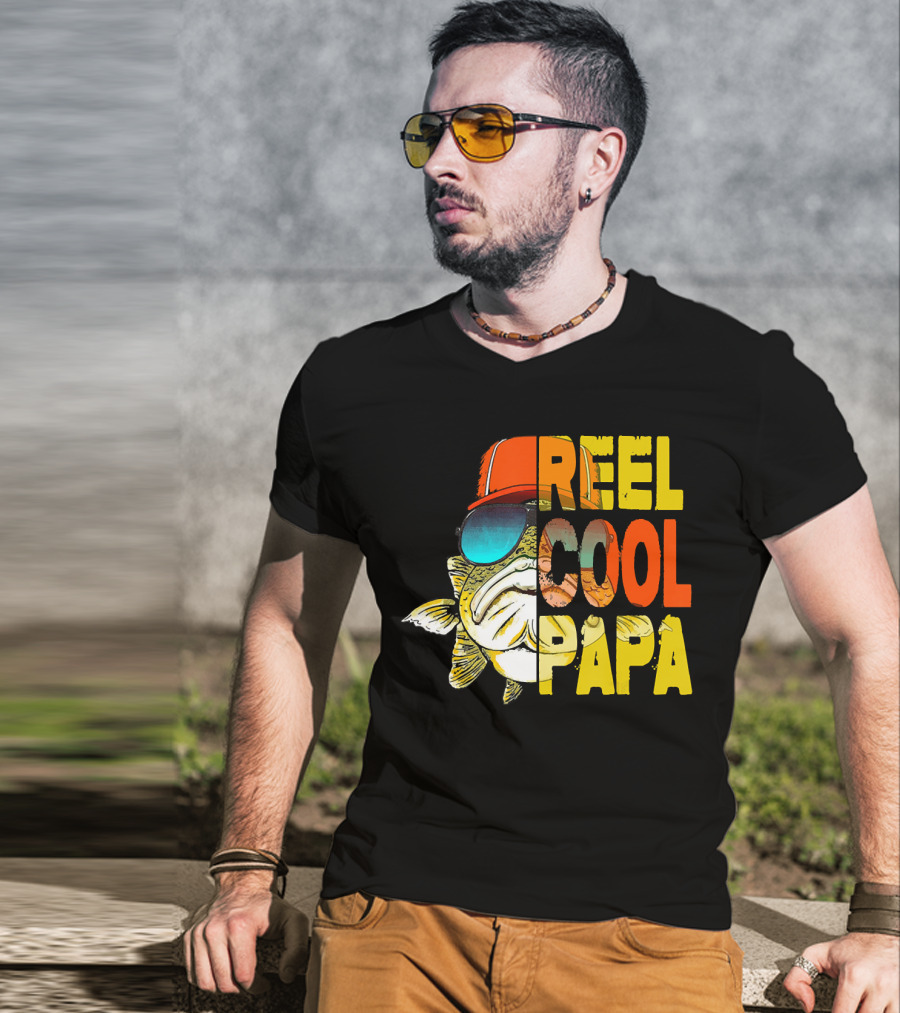 Fathers Day Fishing Reel Cool Papa Fish Wearing Hat Sunglasses T-Shirt