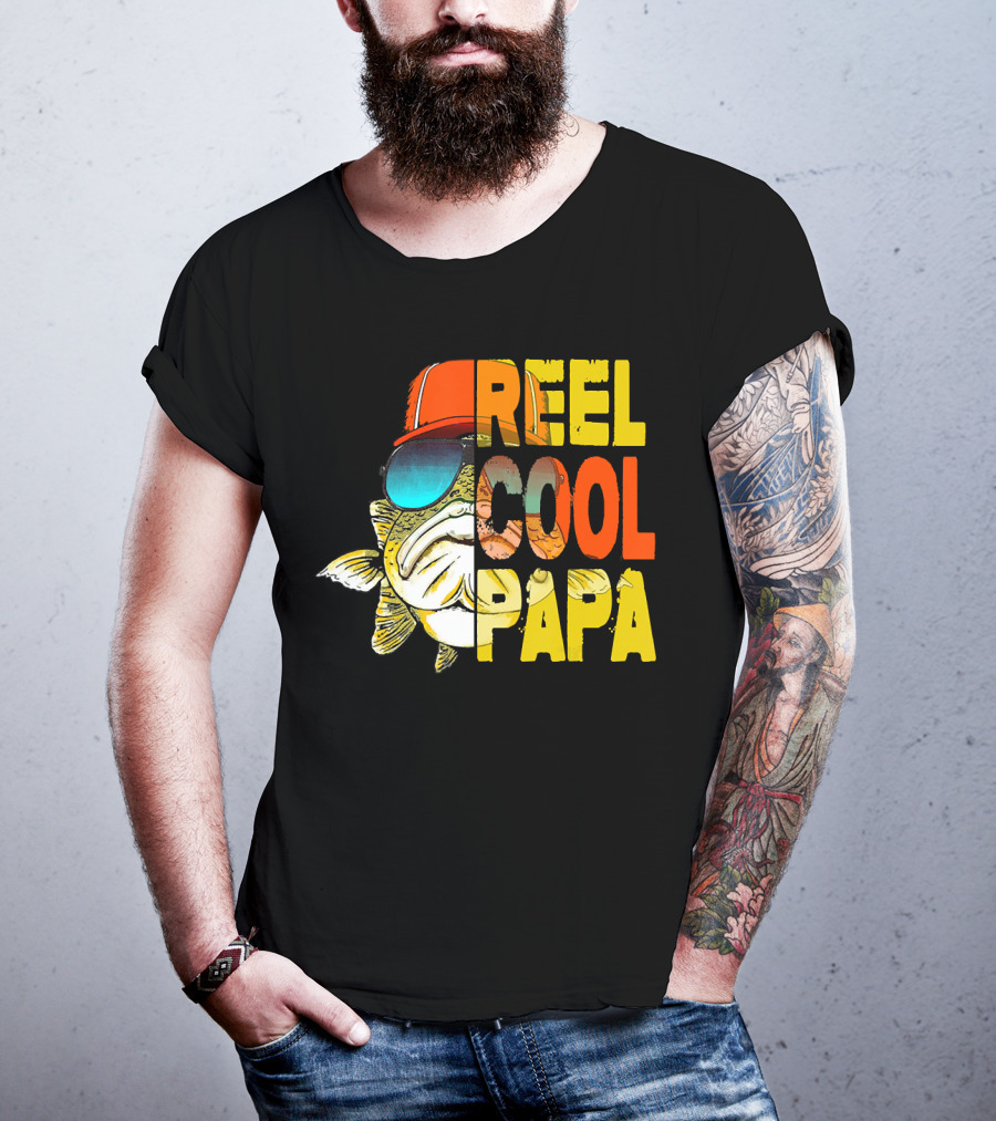 Fathers Day Fishing Reel Cool Papa Fish Wearing Hat Sunglasses T-Shirt
