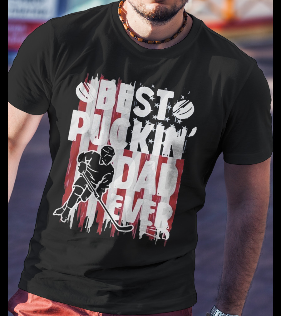 Best Puckin Dad Ever Hockey American Flag Player T-Shirt