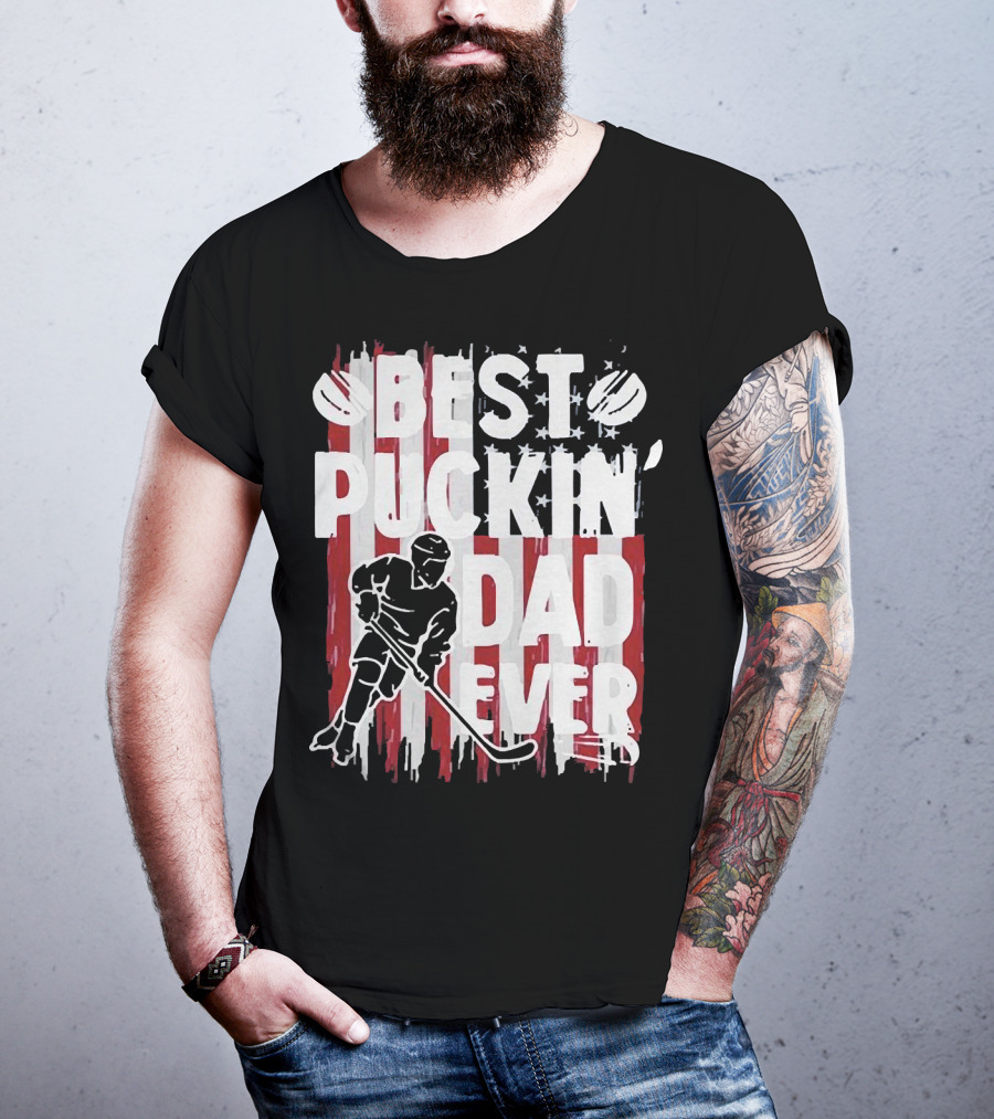 Best Puckin Dad Ever Hockey American Flag Player T-Shirt
