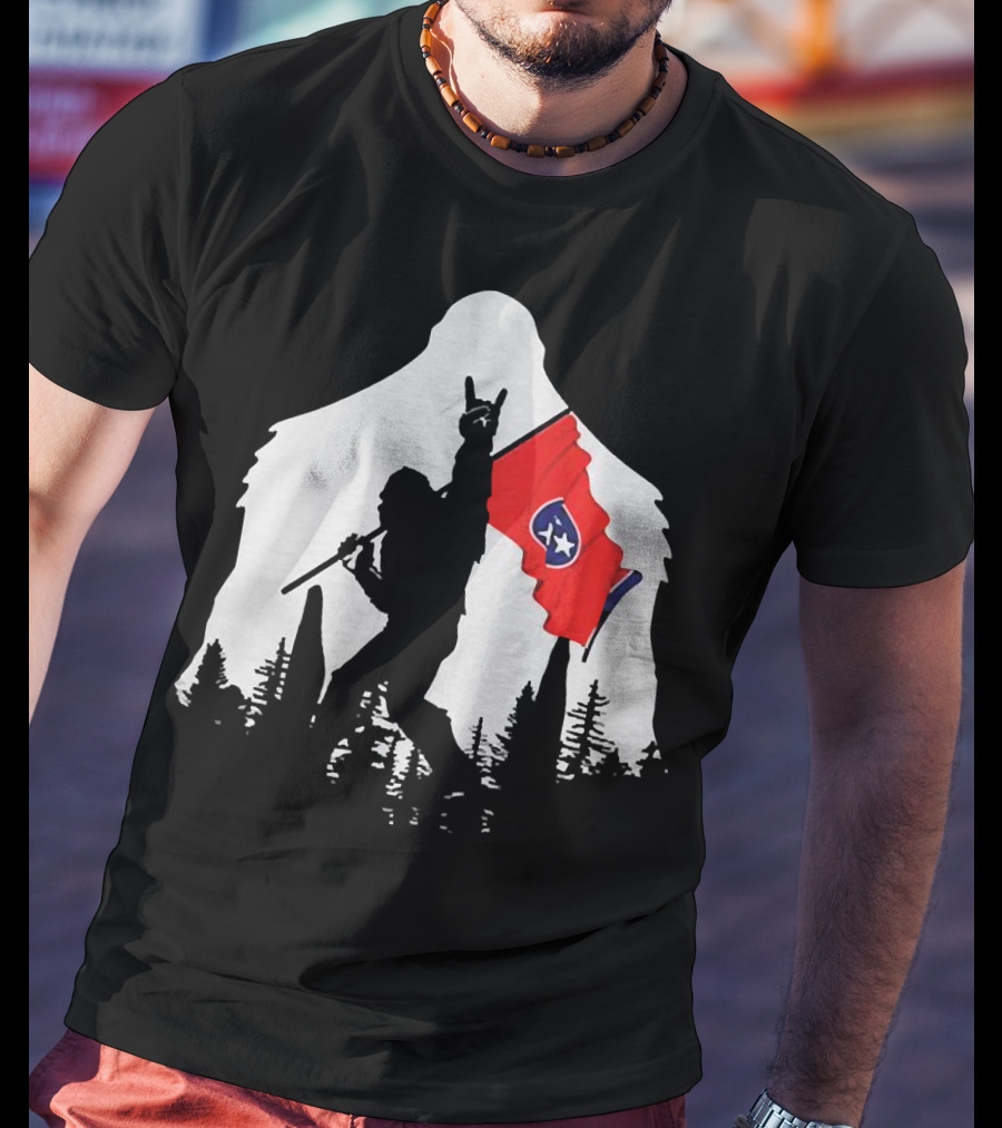 Bigfoot Silhouette With Rock And Roll Pose Holding Tennessee Flag In Forest T-Shirt